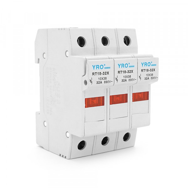 Корпус під плавкий запобіжник YRO RT18-32/3P, 32A, 500/690V, зі світловим індикатором, DIN, під запобіжник 10*38mm,контакти мідь  78*52.8mm