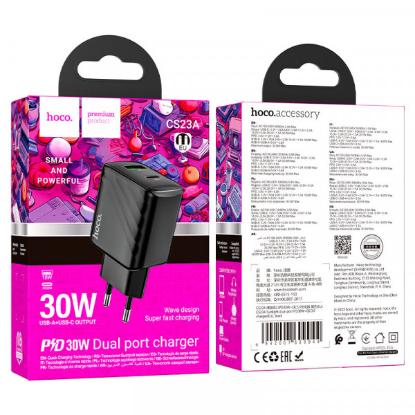 СЗУ 110-240V HOCO CS23A USB-C+USB, 30W, Black, Box