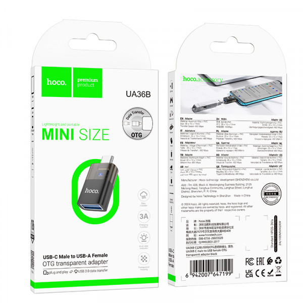 Перехідник HOCO UA36B USB3.0(F) => Type-C(M), Black, Box