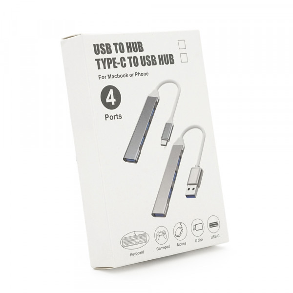 Хаб Type-C, 4 порти USB 3.0, 10 см, Black, Blister