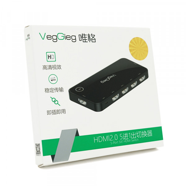 HDMI свіч VEGGIEG V-HD05 4k x 2k, 5 x 1 портів, з USB-кабелем і пультом дистанційного керування, Black, Blister