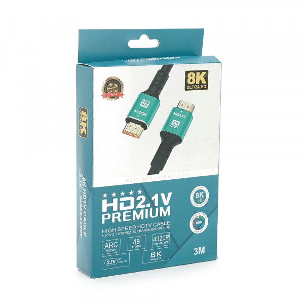 Кабель Merlion HDMI-HDMI 8K Ultra HD (7680x4320P), 3.0m, v2,1, круглий Black, коннектор Blue, Blister-box, Q80