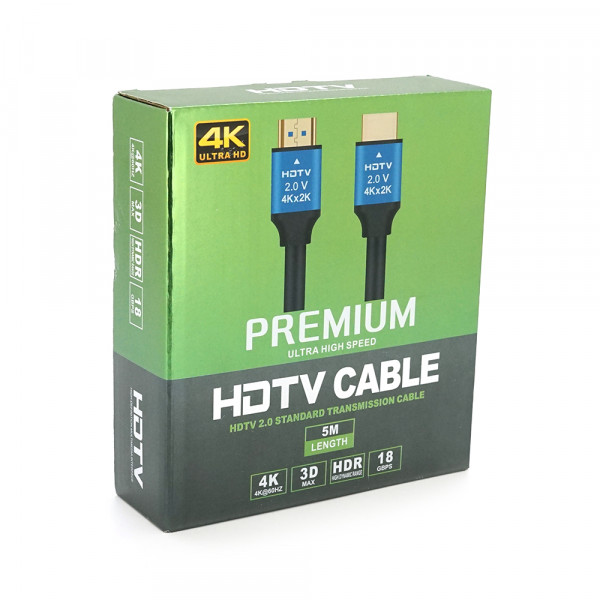 Кабель Merlion HDMI-HDMI 4Kx2K Ultra HD, 5.0m, v2,0, круглий Black, коннектор Blue, Blister-box, Q50