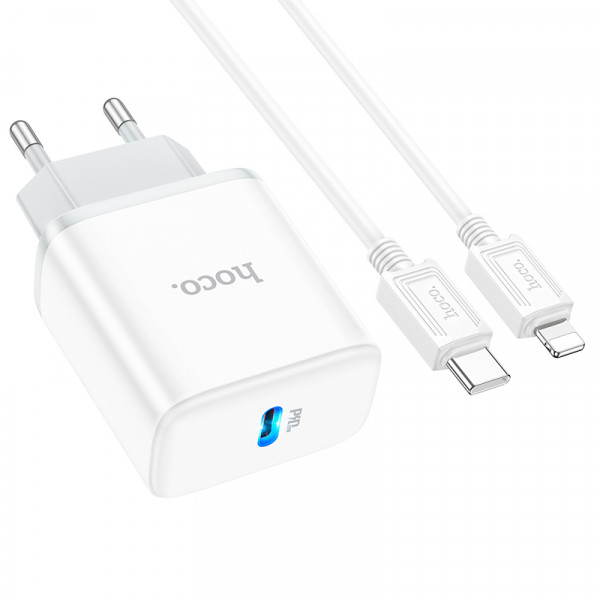 Набір СЗУ 110-240V HOCO C104A + кабель Lighting, 1xUSB-C, PD20W, кабель 1м, White, Box
