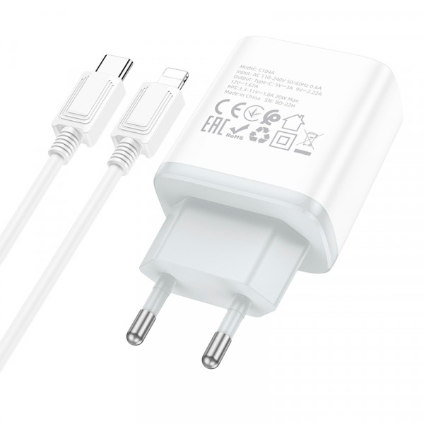 Набір СЗУ 110-240V HOCO C104A + кабель Lighting, 1xUSB-C, PD20W, кабель 1м, White, Box