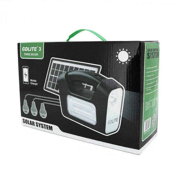 Переносний ліхтар GD-3+ Solar, 1+1 режим, вбудований акум, 3 лампочки 3W, USB вихід, Black, Box