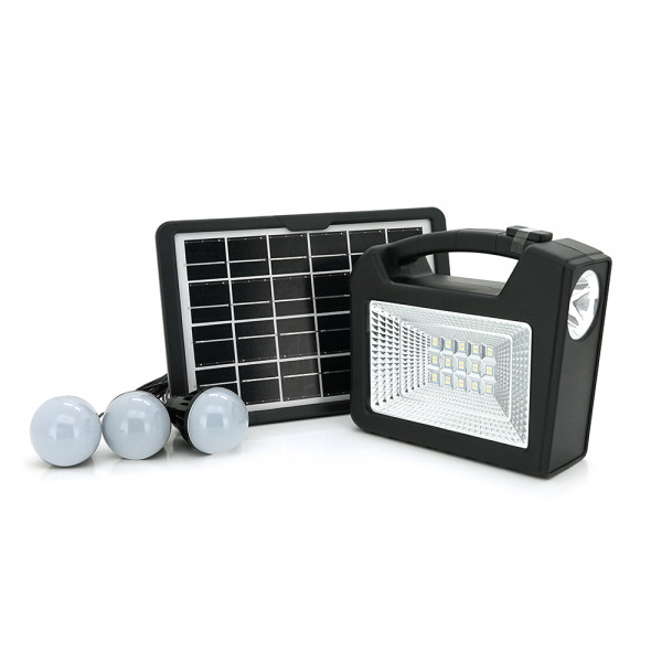 Переносний ліхтар GD-103+ Solar, 1+1 режим, 1+15Led, вбудований аккум-Powerbank 10000mAh, 2USB, 3 лампочки 3W, USB вихід, Black, Box