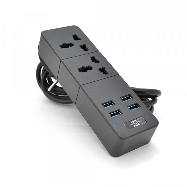 Мережевий фільтр ТВ-Т07, 2 розетки + 4 USB, 2 м, перетин 3х0,75мм, 2500W, Black, Box
