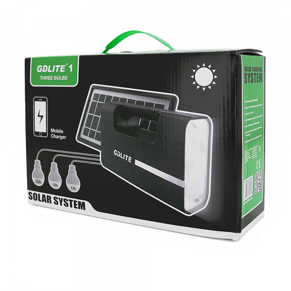 Переносний ліхтар GD-1+ Solar, 1+1 режим, вбудований акум, 3 лампочки 3W, USB вихід, Black, Box