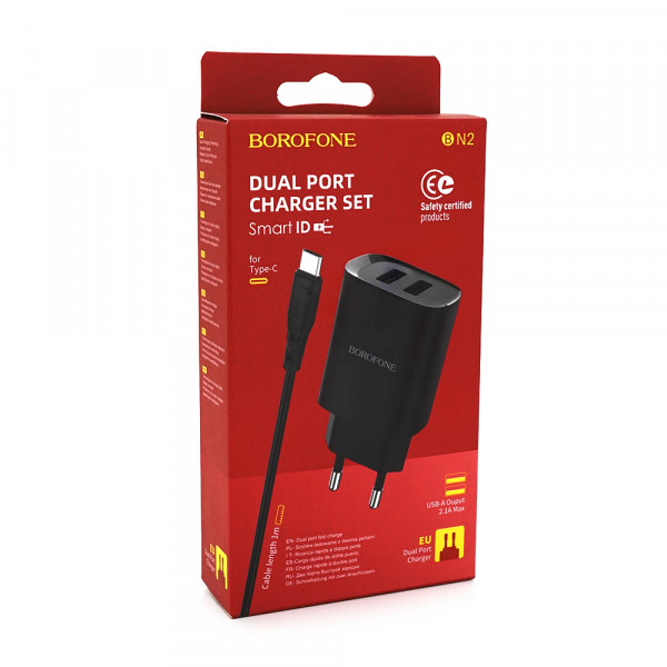 Набір BOROFONE BN2 СЗУ 2xUSB+ кабель Type-C, 2.1A, 1м, Black, Box