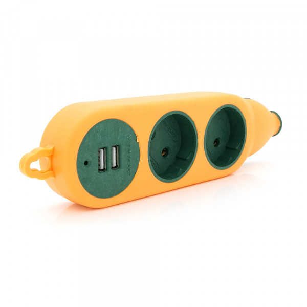 Колодка для подовжувача 2 гнізда + 2USB, без заземлення, 16A 220V, Orange, Q100