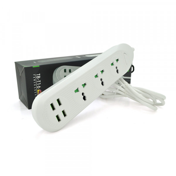 Мережевий фільтр ТВ-Т16mini, 3 розетки + 4 USB, 2 м, перетин 3х0, 75мм, 3000W, White, Box