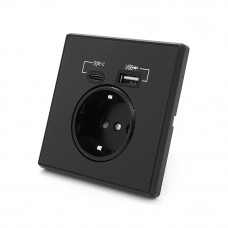 Розетка врізна із заземленням, Input: AC:110-250V/16A, Type-C/USB-виходи, Black
