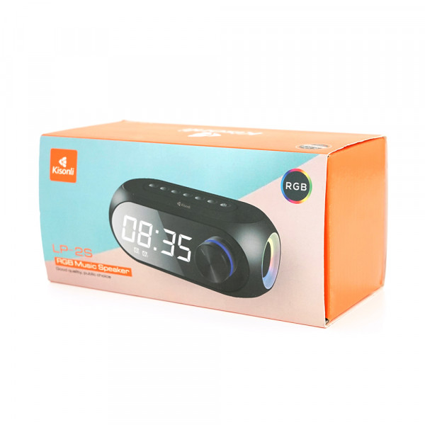 Колонка Kisonli LP-2S Bluetooth 5.0, 1х5W, 1200mAh, USB/TF/BT/FM/AUX/LCD/Clock, DC: 5V, Black, BOX, Q60