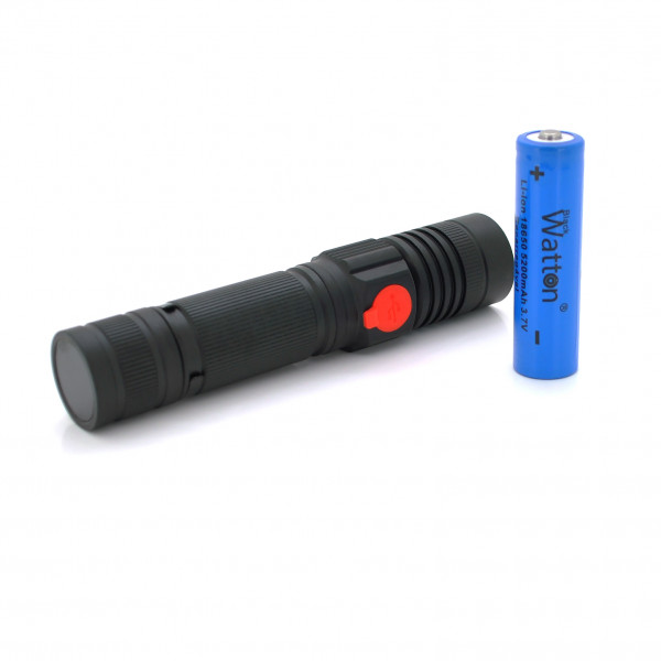 Ліхтар ручний Watton WT-601, P50 + 16 SMD COB, 2+2 режими, ZOOM, 18650/2400mah, Black, IP40, USB Type-C, МАГНІТ, 138х28х26мм, BOX